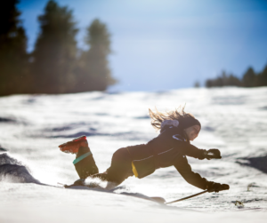 Sideways view of a skier falling on her stomach into powder snow. She's kicking her feet and ski boots in the air behind her and has her arms out in front to catch herself. 