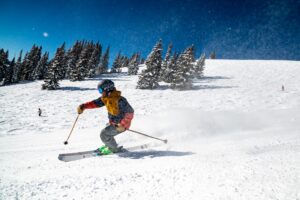 A skier carving on a gentle slope with trees and blue skies in the background. 